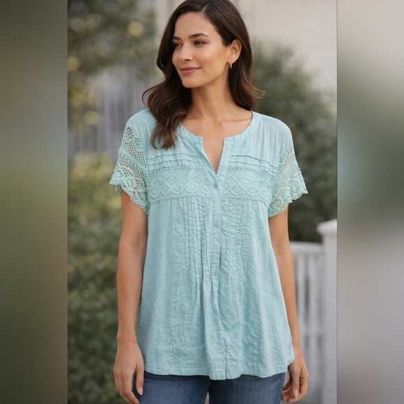 Vintage America Tops - Vintage America Mint Crochet-Yoke Button Front Top